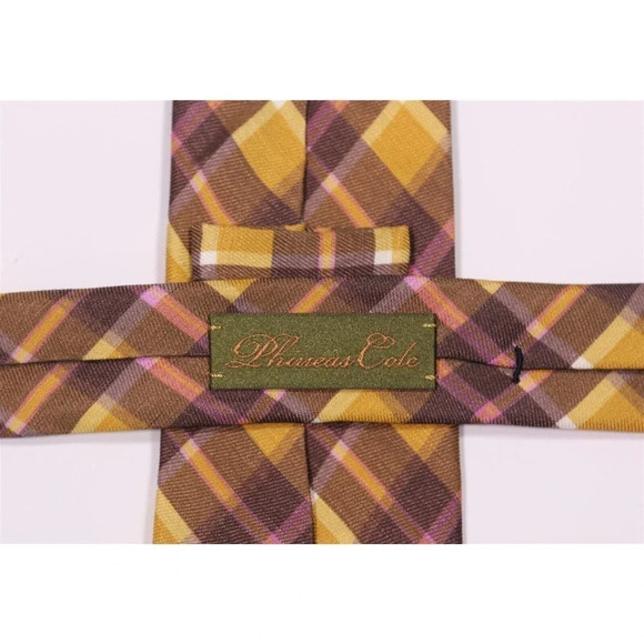 Phineas Cole Gold/Brown Plaid Slim Silk Necktie Tie - Picture 5 of 6